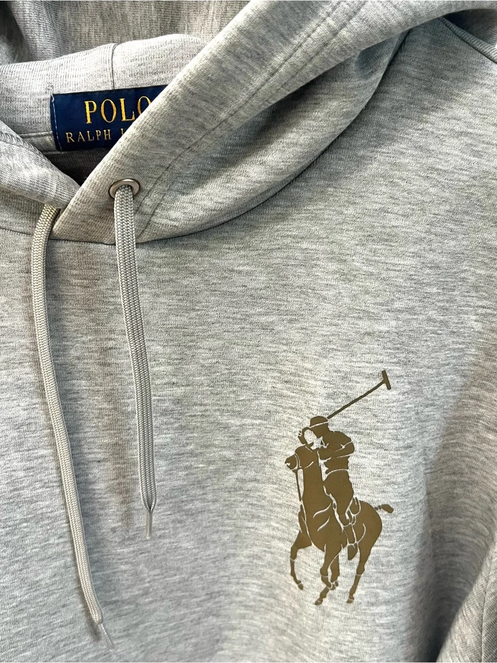 Men’s Polo Ralph Lauren Big Pony Hoodie Grey Gold Sleeve Spellout Size M